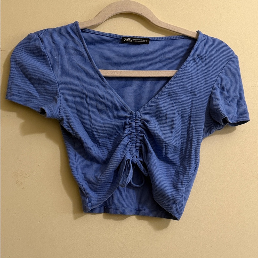Zara Periwinkle Ruched V-Neck Crop Top